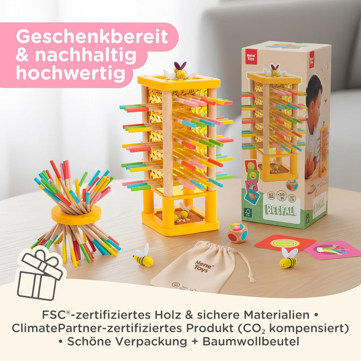 Nene Toys BEEFALL Bienen Geschicklichkeitsspiel für Kinder 3 4 5 6 Jahre – Holz-Turmspiel mit Würfel