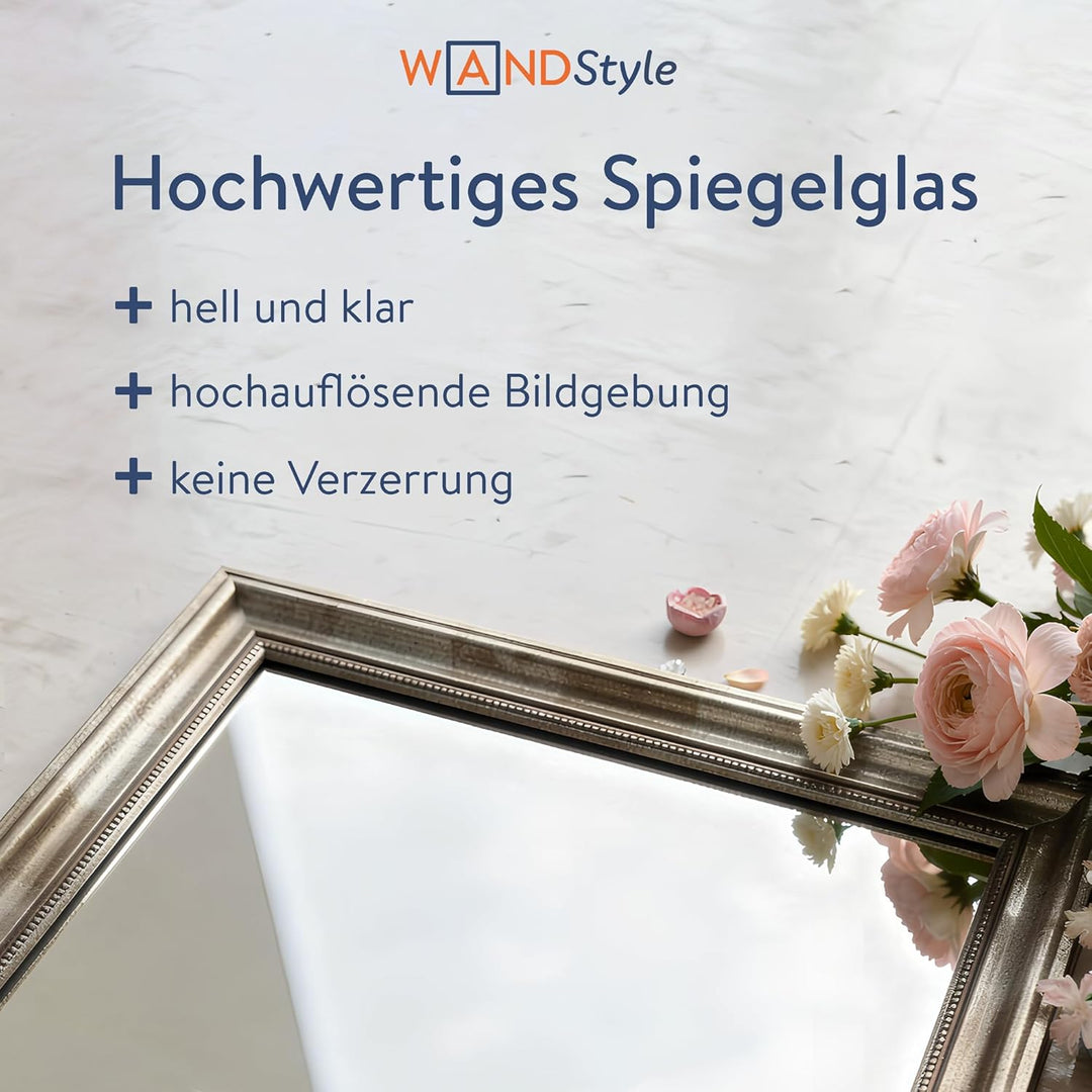 WANDStyle Spiegel Barock und Antik I Aussenmass: 40x50cm I Farbe: Silber I silberner Wandspiegel aus