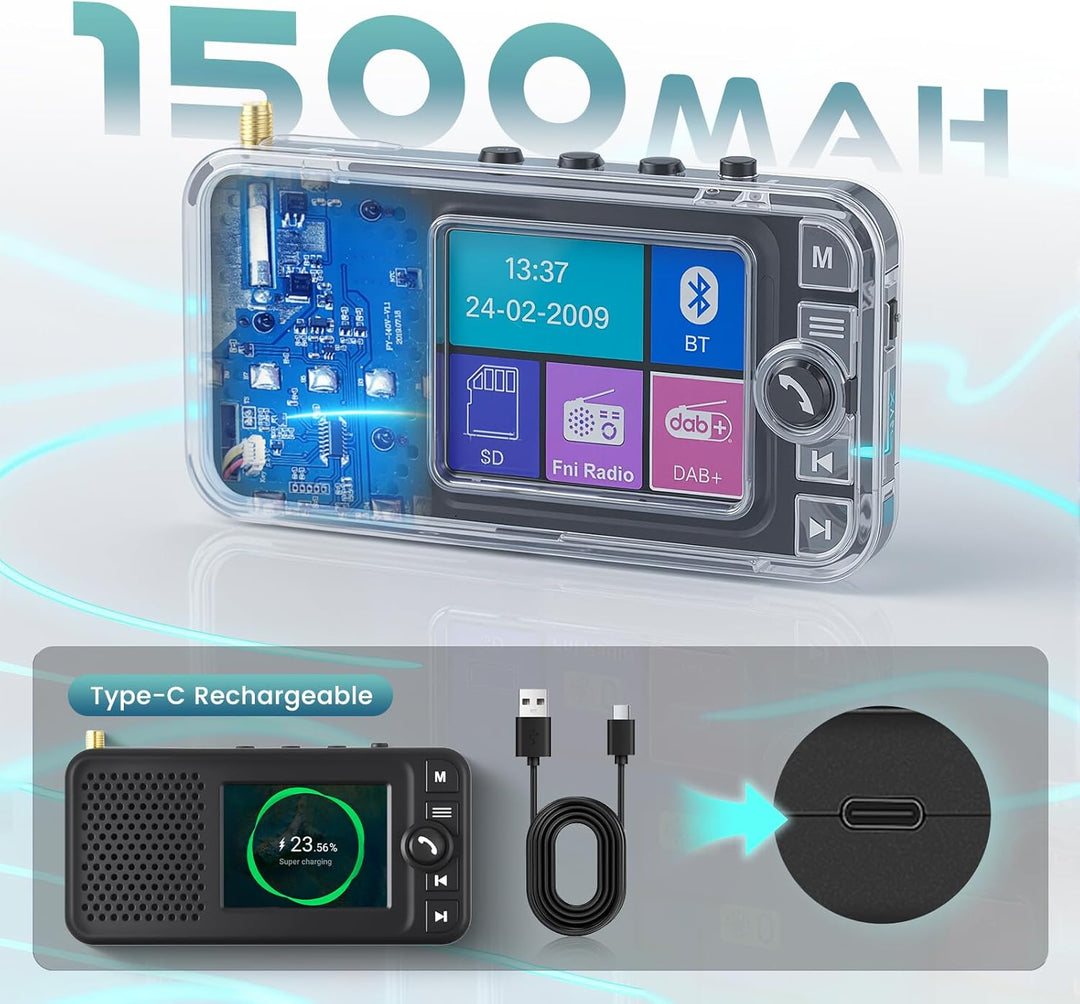 Hodozzy DAB/DAB+ Radio mit Bluetooth Tragbarer Lautsprecher, 2,4-Zoll-Farbdisplay Wiederaufladbares