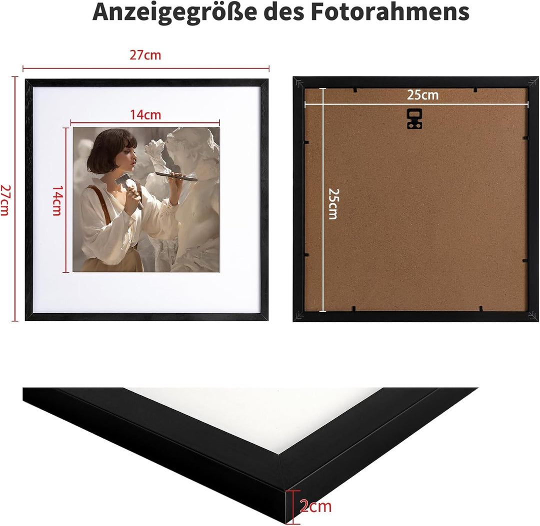 Bilderrahmen 25x25cm Schwarz mit Passepartout Fotorahmen Holz mit Acrylglas zum Senkrechten Oder Waa
