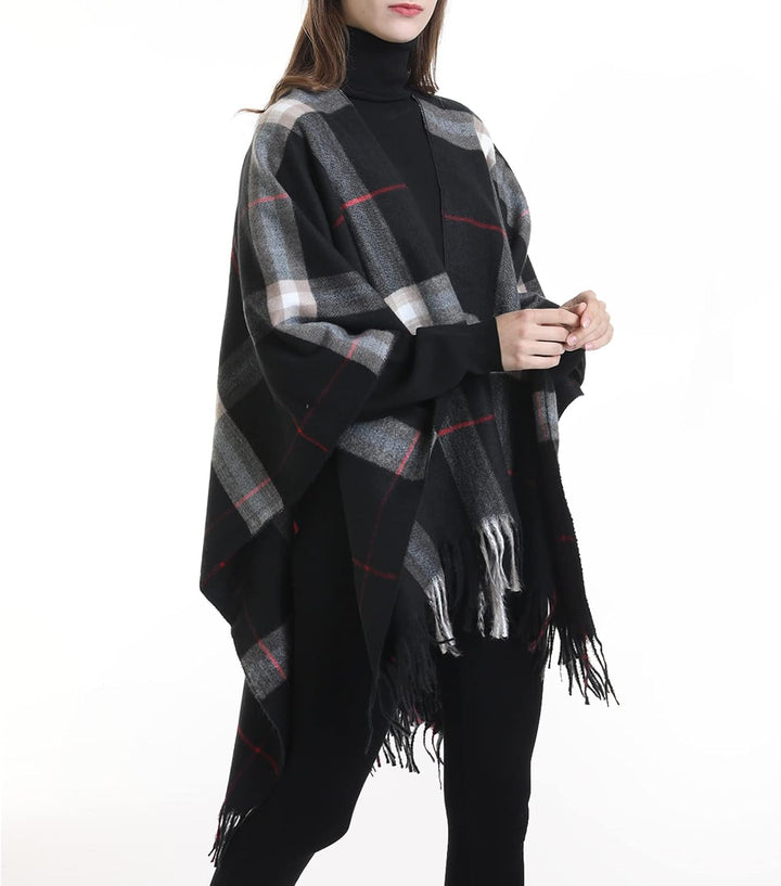 Danfiki Damen Poncho Schal Cashmere Feeling Strick Cape Cardigan Einheitsgrösse Doppelgitter Schwarz