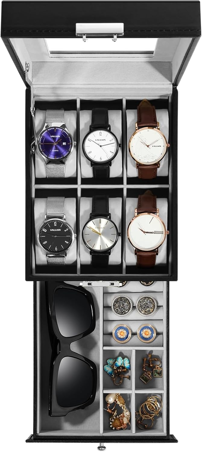 Uten Uhrenbox, 6 Fächern und 1 Schublade mit Schlüsselschloss, Glasdeckel, Schwarzes PU, Graues Samt