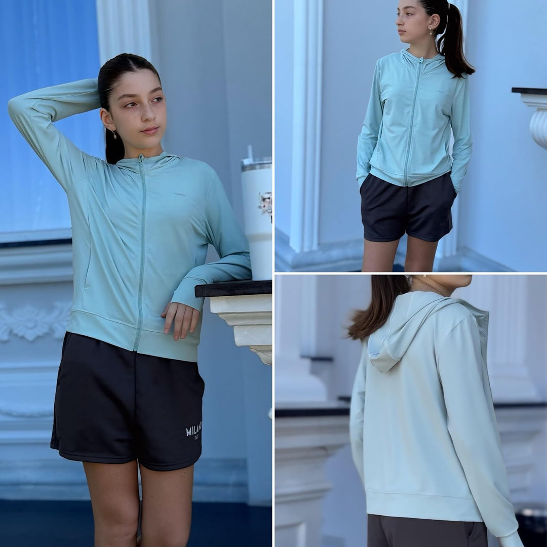 Rolanko Mädchen Sommerjacke mit Daumenlöchern Langarm Sonnenschutz Schnell Trocknend Reissverschluss
