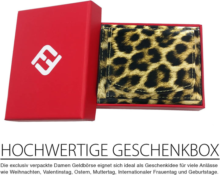 Kleine Geldbörse Damen Mini, Reise Portemonnaie viele Fächer, Leopard Look, RFID Blocker, Münzfach |