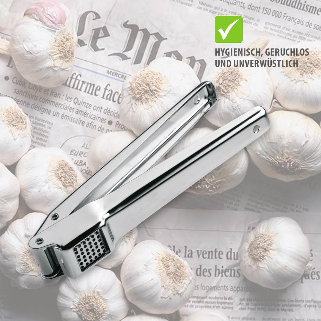 GEFU Knoblauchpresse AGLIO | Edelstahl-Knoblauchdrücker mit schwenkbarem Siebeinsatz, Profi-Qualität