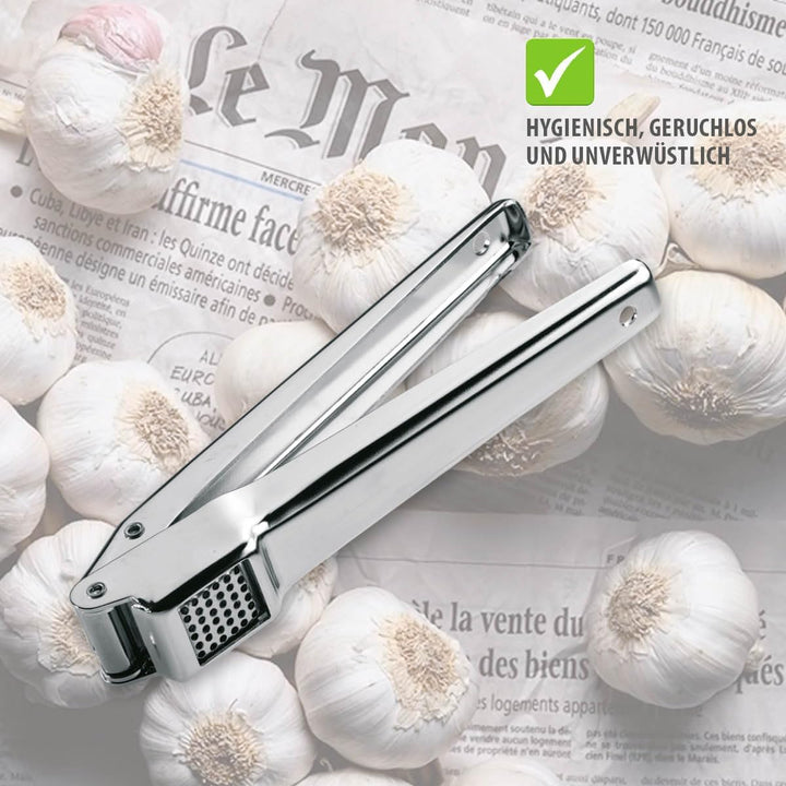GEFU Knoblauchpresse AGLIO | Edelstahl-Knoblauchdrücker mit schwenkbarem Siebeinsatz, Profi-Qualität