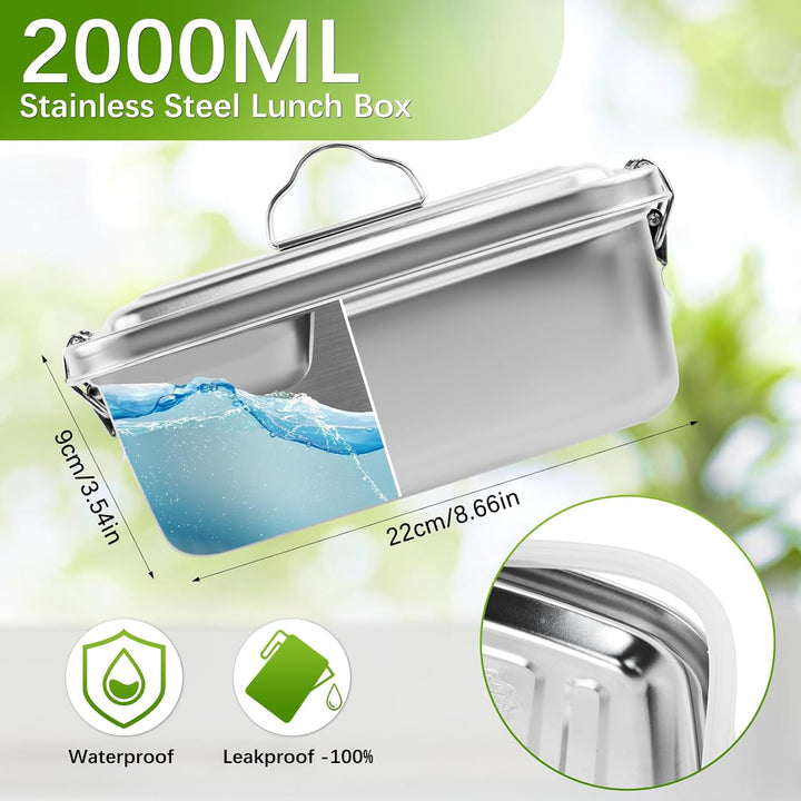 WuGU Brotdose Edelstahl 2000ML, Lunchbox Auslaufsicher Brotzeitdose mit Fächer und Dichtring, BPA-fr