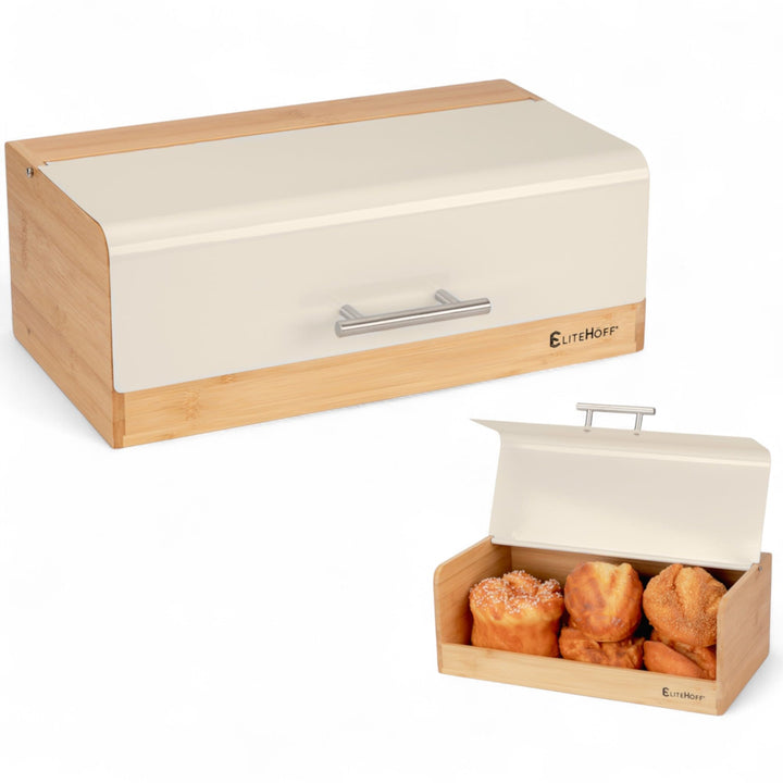 EliteHoff Brotkasten Bambus Metall, Brotbox Rechteckig ca. 36 x 20 x 14 cm, Brotbox mit Klappdeckel,