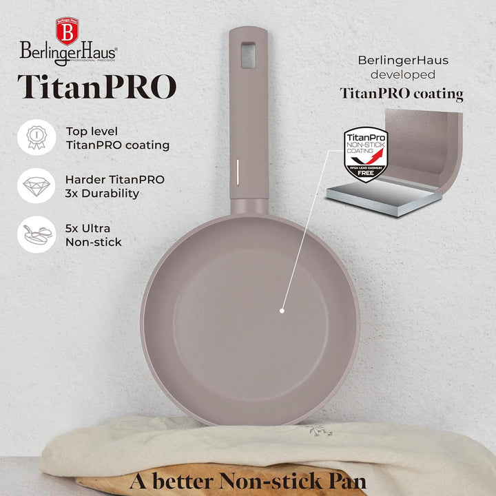 BERLINGERHAUS Pfannenset mit Titanbeschichtung 3 Stück Taupe Collection | Robust, Vielseitig und Sti