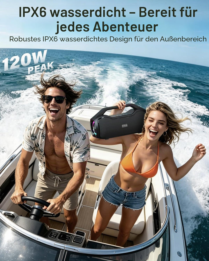 Bluetooth Lautsprecher Tragbare Musikbox, 200W Spitzenleistung, Bass Boost 2 * Subwoofer IP65 Wasser