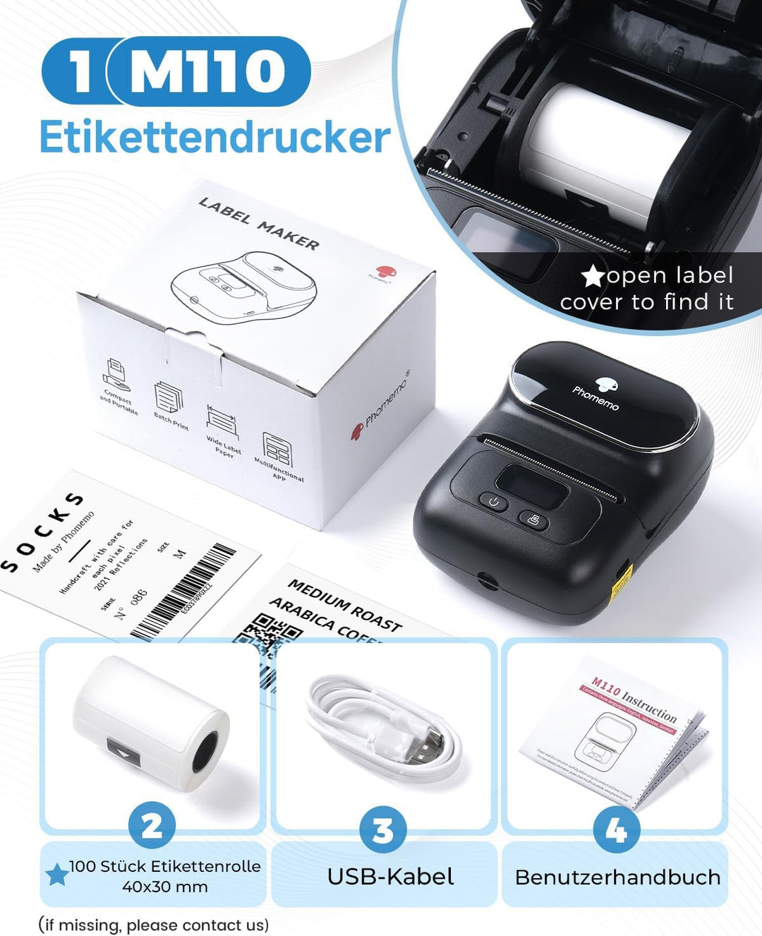 Phomemo M110 Etikettendrucker, Beschriftungsgerät Bluetooth für iOS & Android, Barcode Drucker Etike