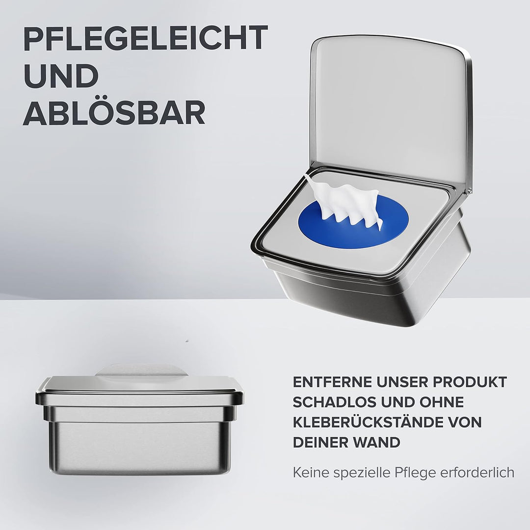 ovimar Feuchttücher Box mit Deckel Egense | in edlem Silber poliertem Edelstahl | ohne Bohren | Dami