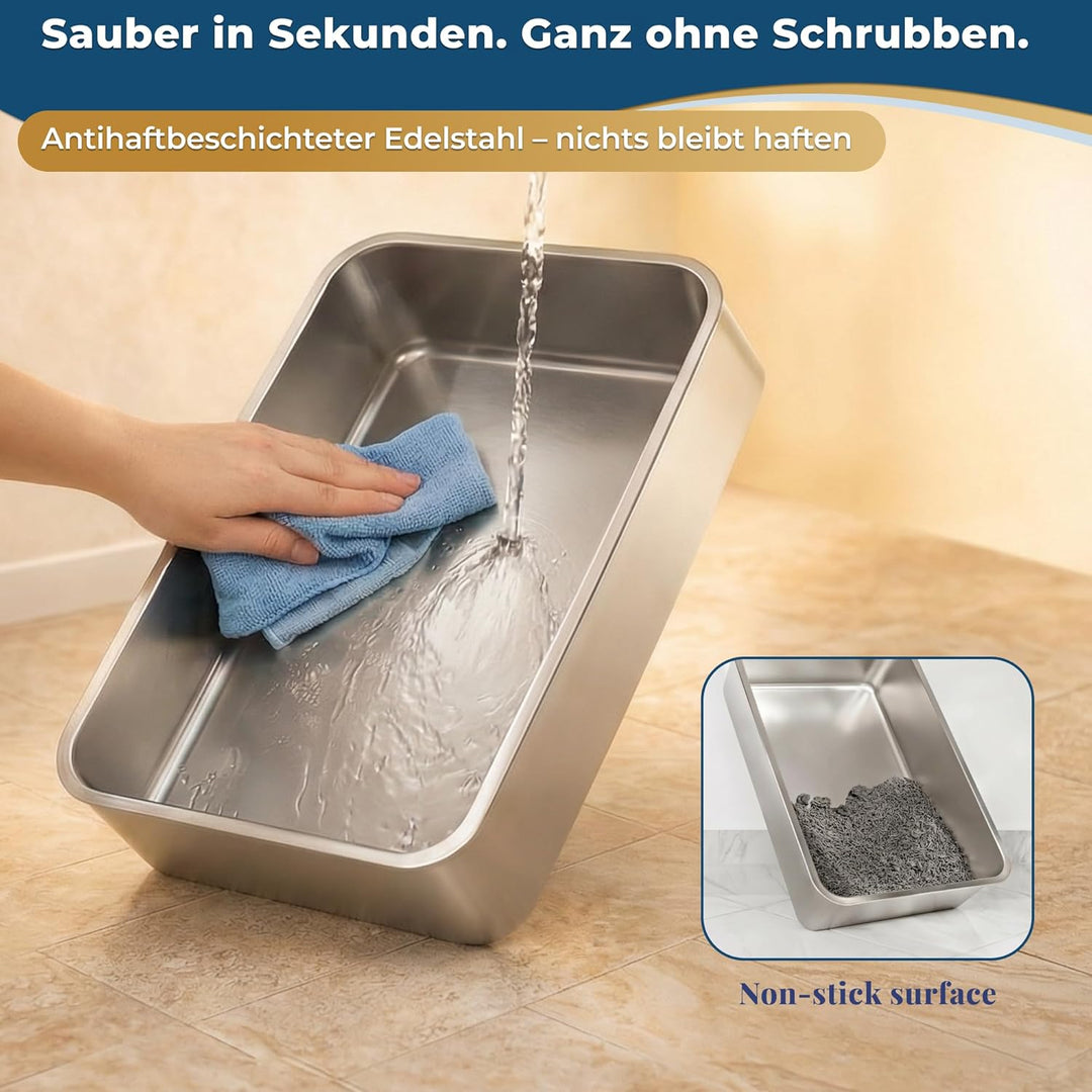 Katzenklo Edelstahl mit Deckel XXL – Geschlossene Katzentoilette mit 2 Eingängen, Trittstufe, Schauf