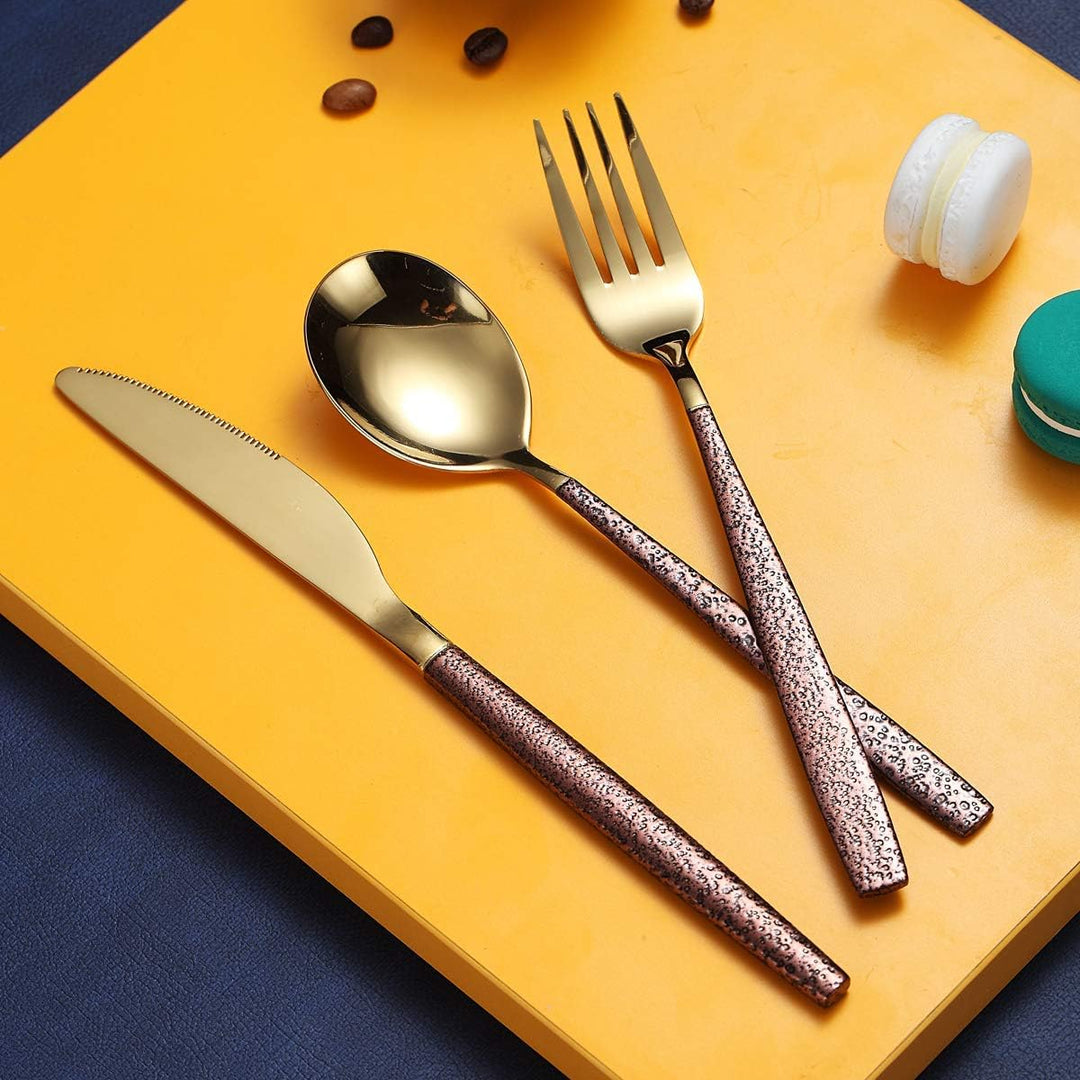 Berglander Besteck Set 30 Stück mit Mondoberfläche Griff und glänzendem Goldmund Titanbeschichtung,