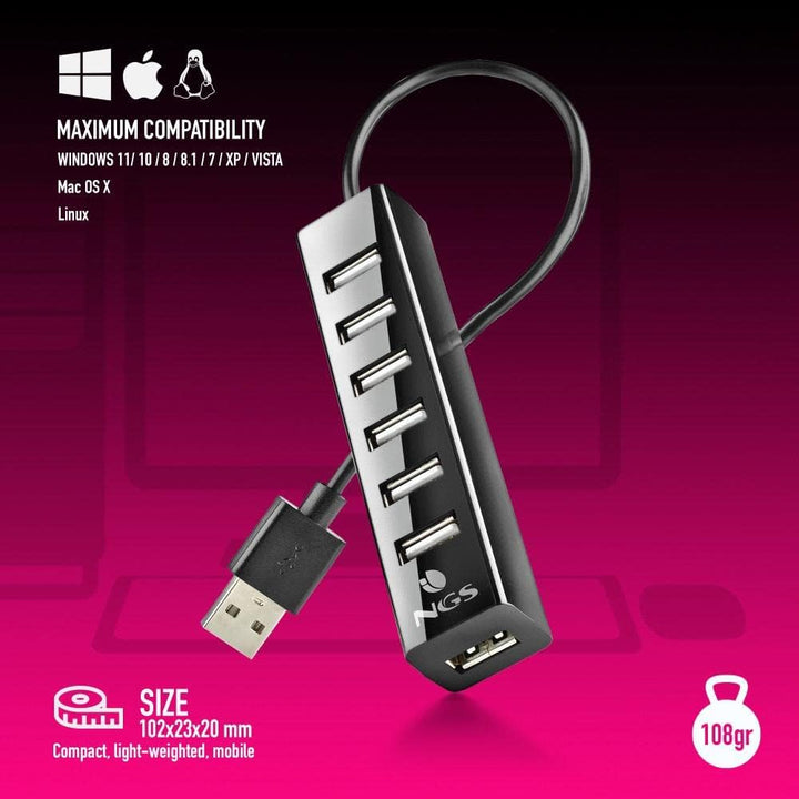 NGS IHUB7 Tiny - USB 2.0 Hub 7 Ports mit Power Adapter 5V/1A, universell kompatibel, Plug and Play