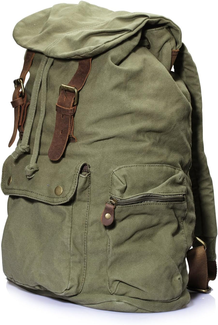 DRF Rucksack aus Canvas im Vintage Stil mit Leder Zubehör #BG-04 (Grün) 04grün, 04grün