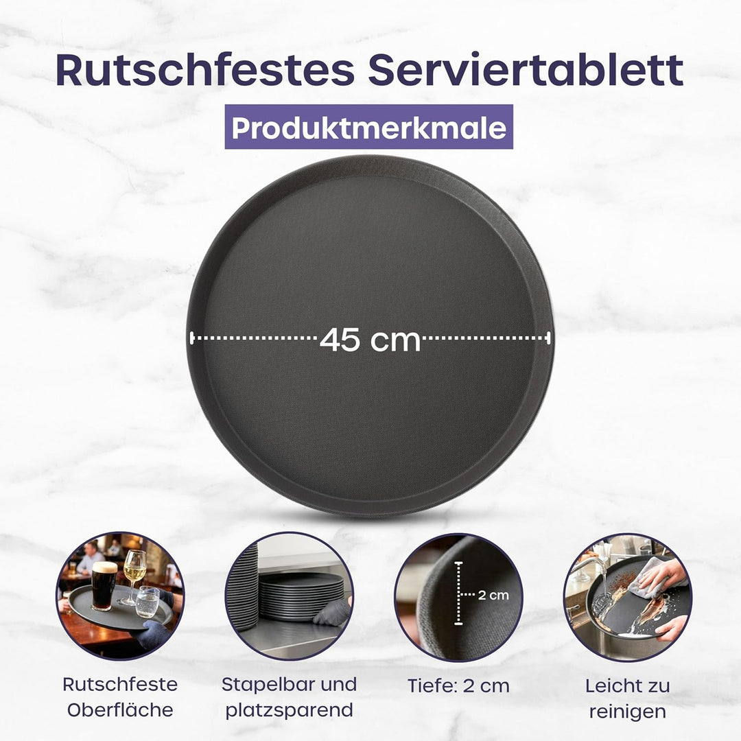 volila Rutschfestes Schwarzes Tablett Serviertablett Rund (1 STK. à 45 cm) - Rundes Tablett Ideal al