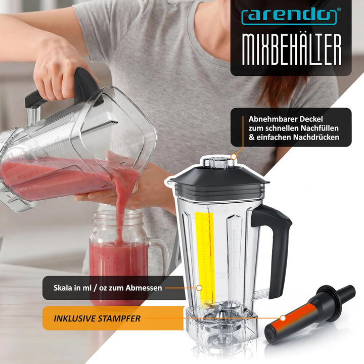 Arendo – Standmixer 2000 Watt - Hochleistungsmixer Edelstahl - 2 Liter Fassungsvermögen – mit Displa