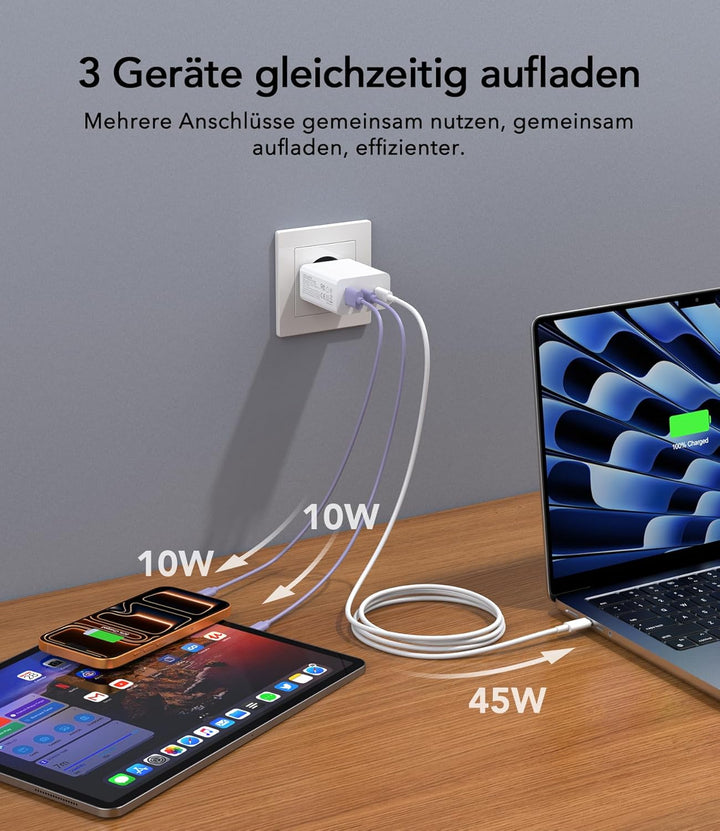 3 IN 1 USB C Ladegerät, 65W USB Schnellladegerät mit Ladekabel 2M, PD&QC USB C Netzteil für MacBook