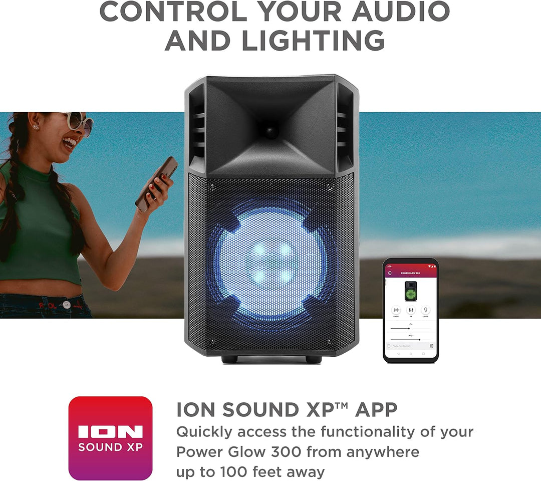 ION Audio Power Glow – 300-Watt Bluetooth-Lautsprecher mit Karaoke-Mikrofon, Lichtern, Multikanal-Mi
