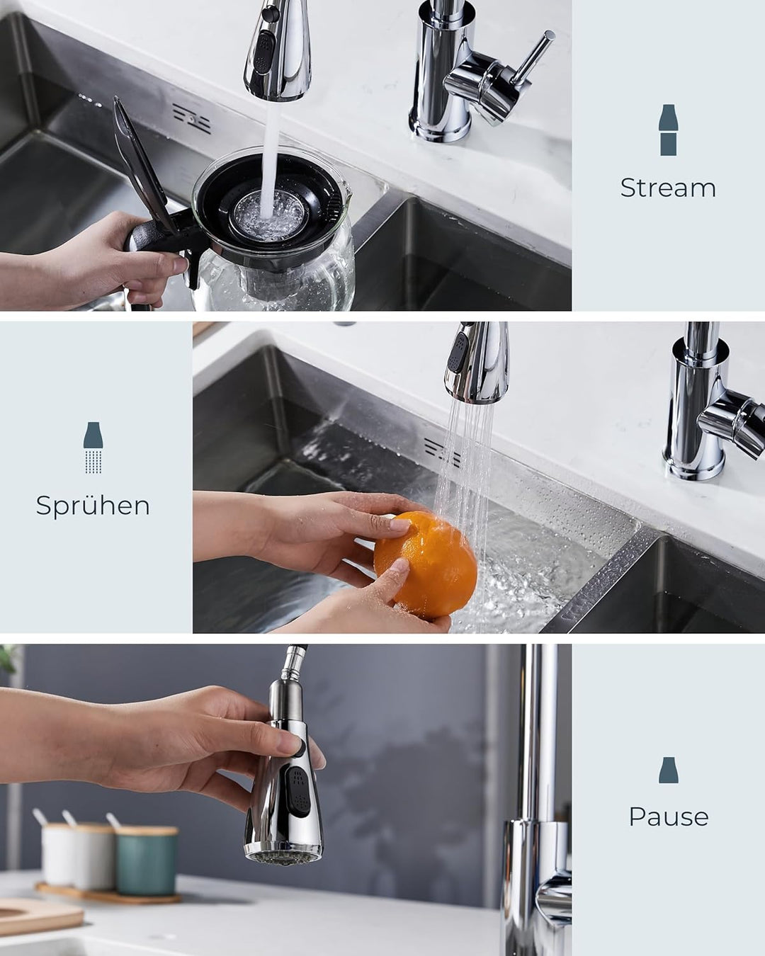 FORIOUS Wasserhahn Küche, Hochdruck Küchenarmatur mit Herausziehbarer Brause Ausziehbar Armatur, Mis