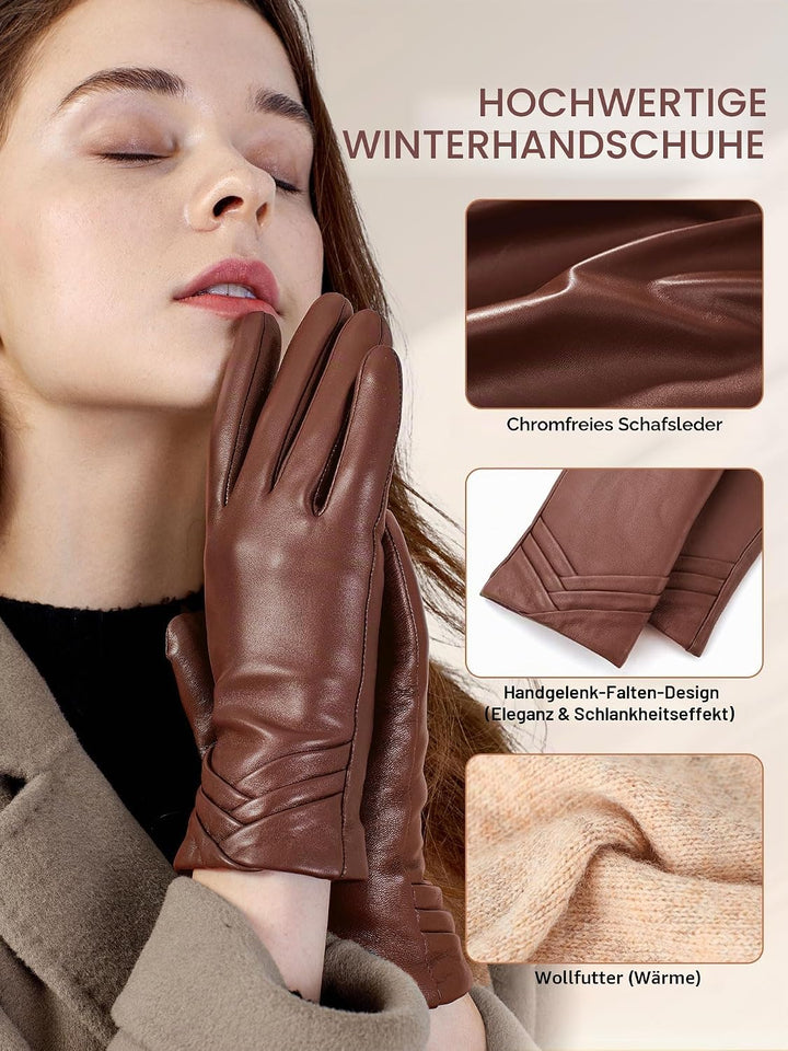 GSG SINCE 1998 Lederhandschuhe Damen aus chromfreiem Lammfell, Gefüttert mit Wolle/Kunstfell, Thermo