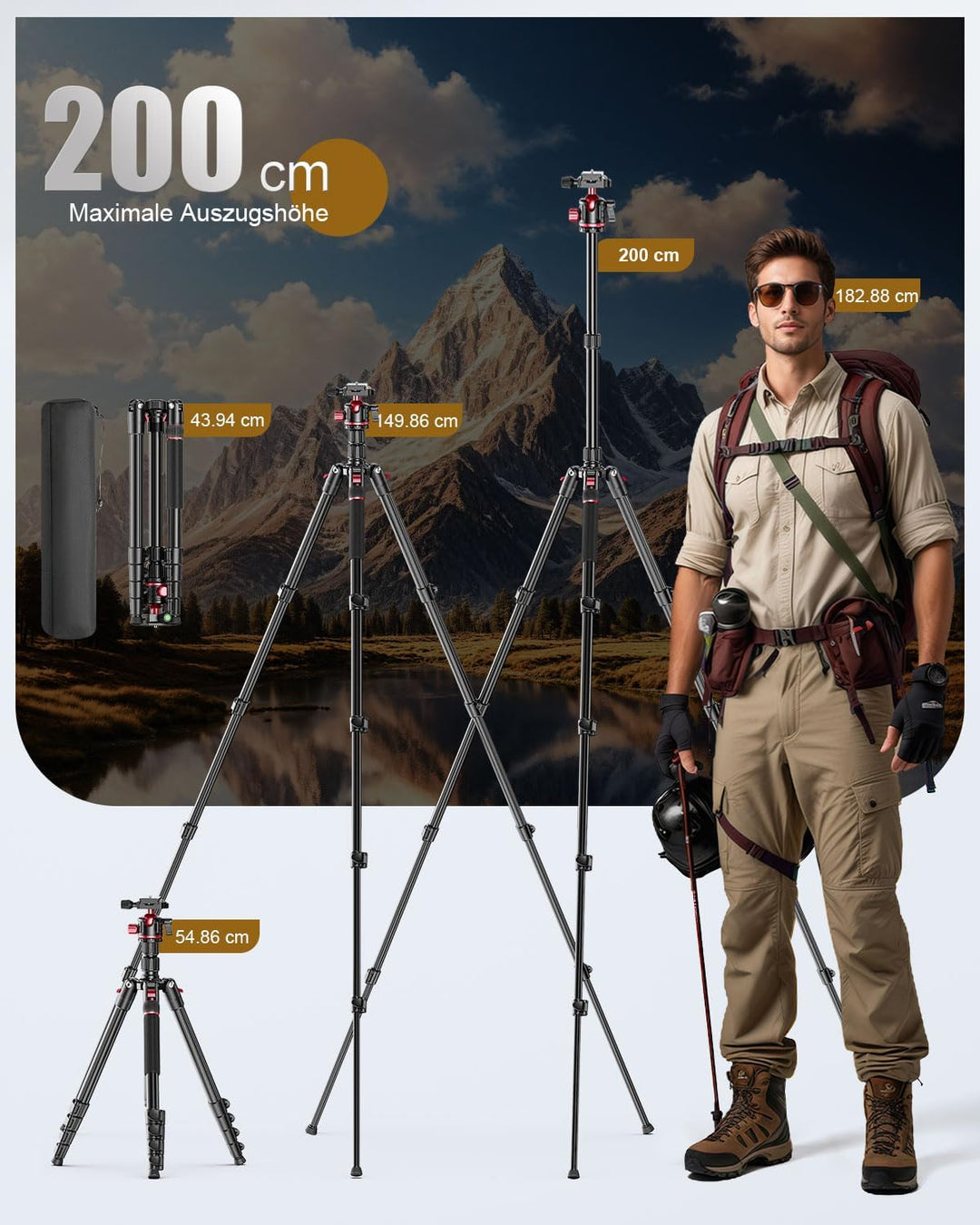 CAMBOFOTO 200cm Kamerastativ, 360°-Kugelkopf, professionelles Aluminium Stativ und Einbeinstativ mit