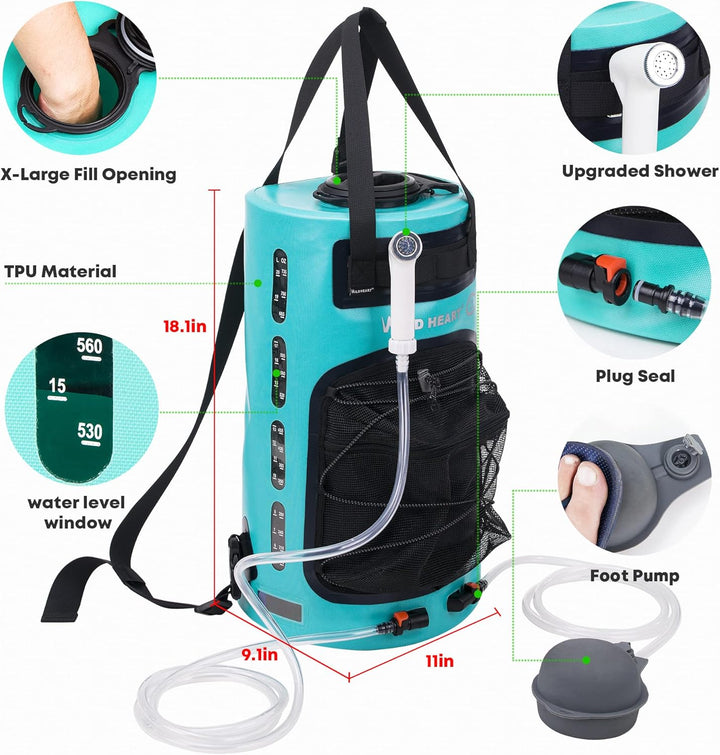 WILD HEART Campingdusche 22L Tragbare Dusche für Camping mit Druckfusspumpe und Duschbeutel-Rucksack