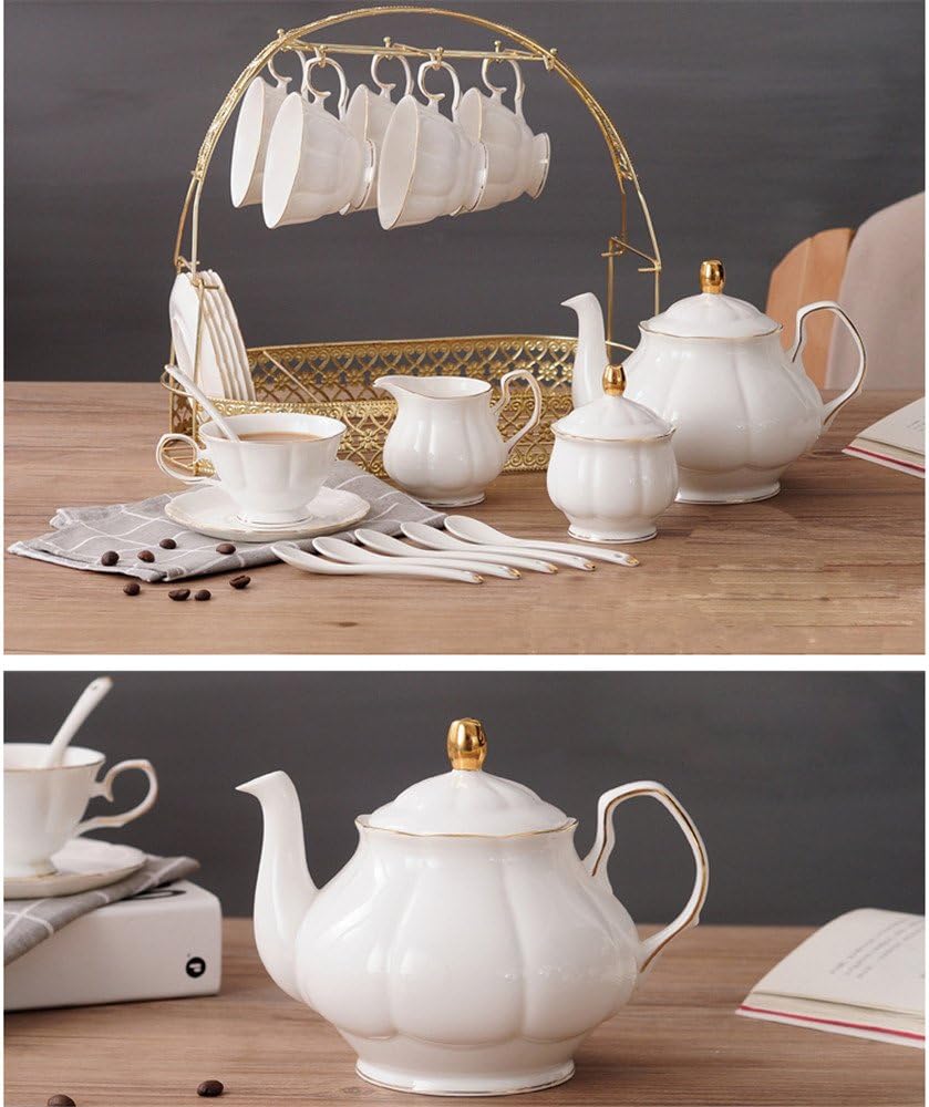 ufengke 15 Stück Einfache Englische Keramik Tee-Sets Weiss,Teekanne, Bone China Tassen &Passenden Lö