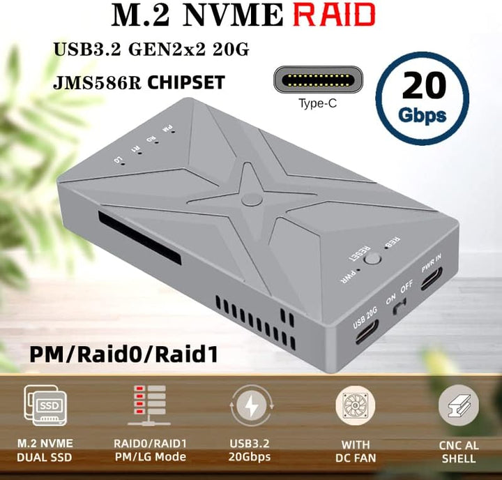 NFHK Dual NVME M.2 NGFF M-Key auf USB-C Type-C Raid0 Raid1 JOBD Big Enclosure 20Gbps with Fan Raid0