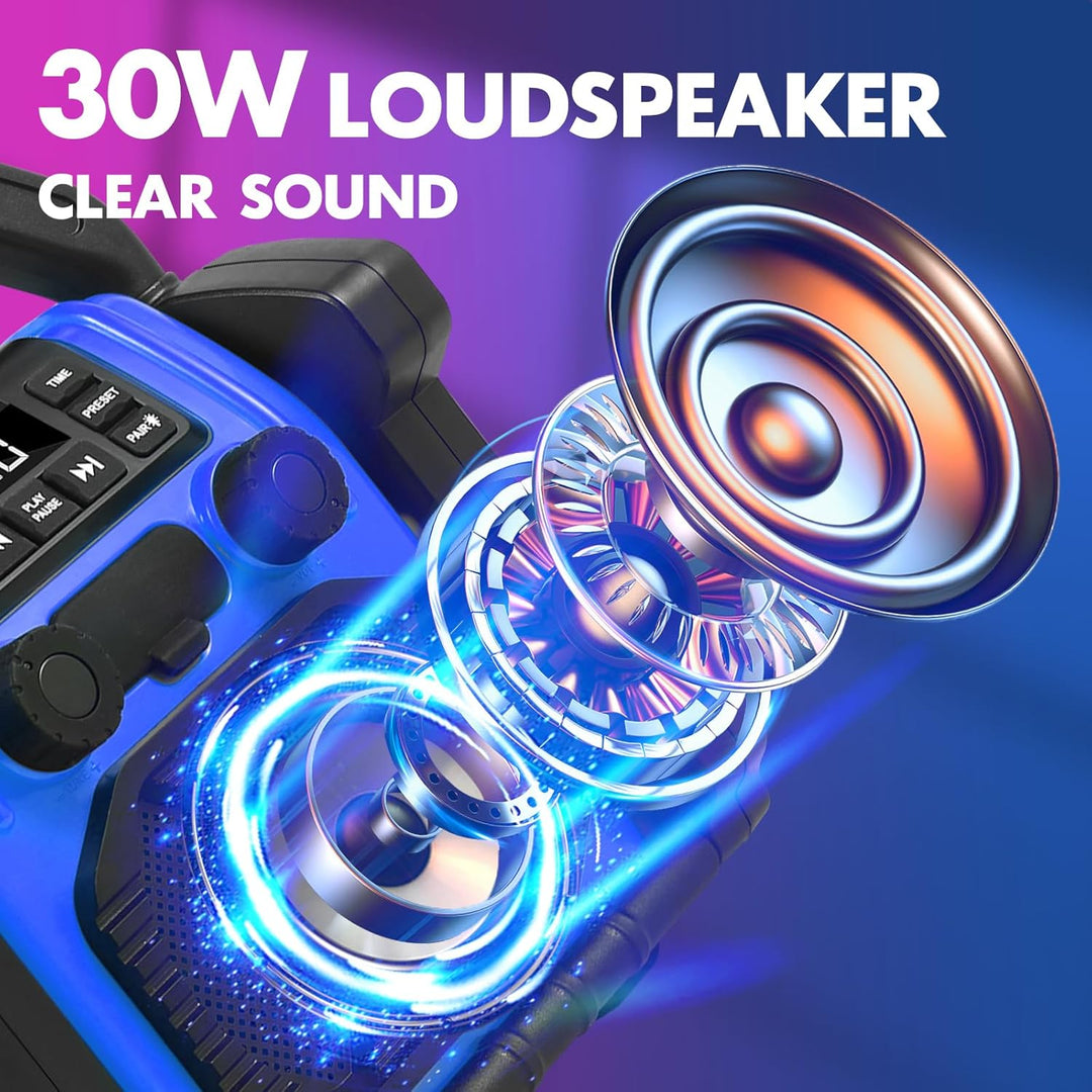 Bingxue FM-Radio-Empfänger, USB-Bluetooth-Lautsprecher mit Uhr-Alarm/LED-Lichtern, tragbar, Antikoll