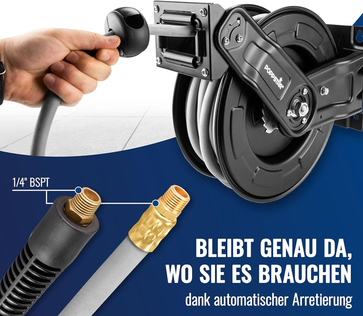 Poppstar Druckluftschlauchtrommel aus Stahl (20m+2m, Durchmesser (9,2x15mm)), Anschlüsse 1/4 Zoll BS