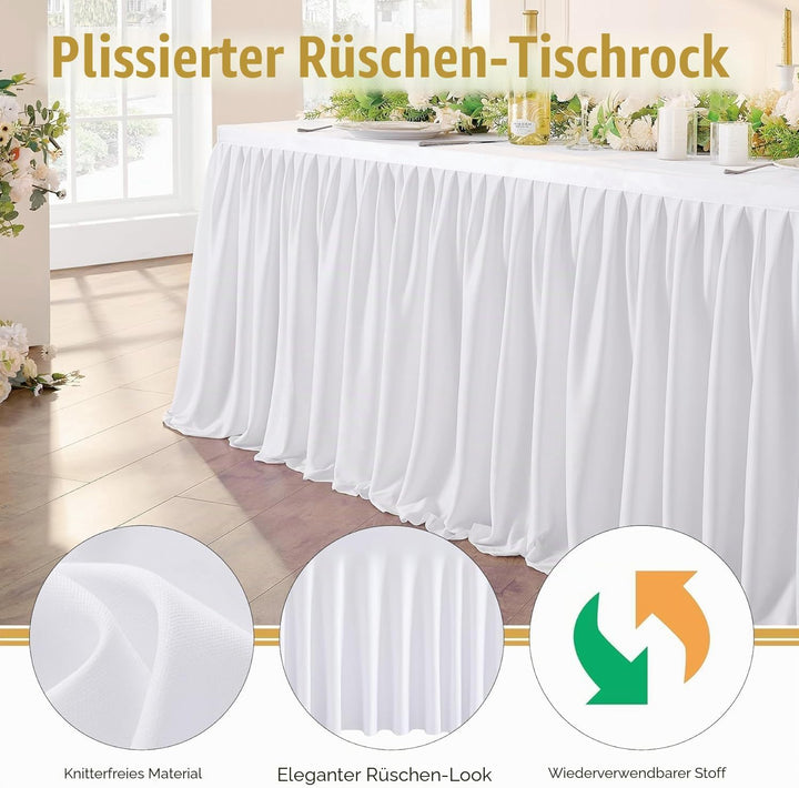 NSSONBEN 275cm White Polyester Table Skirts for Rectangle Tables, Wrinkle Free Ruffle Pleats Cloth T
