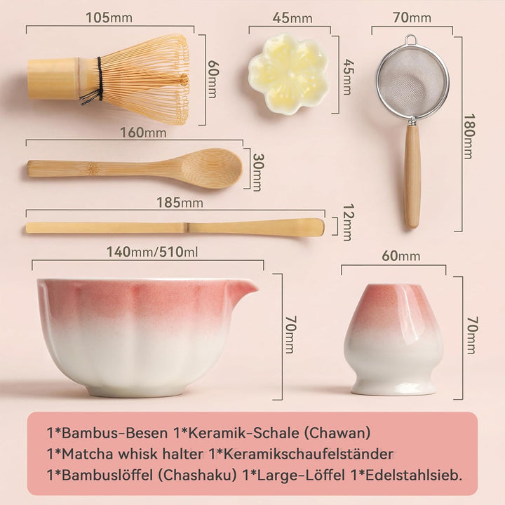Premium Matcha Set 7-teilig – Exklusives Teezeremonie-Set mit Bambus-Chasen (Besen),Rosa Keramik-Sch