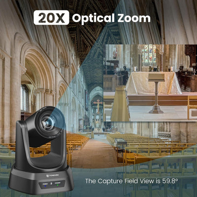 TONGVEO HDMI PTZ-Kamera 20X Optischer Zoom, Kirche Live-Streaming USB 1080P 60fps Kamera für Gottesd