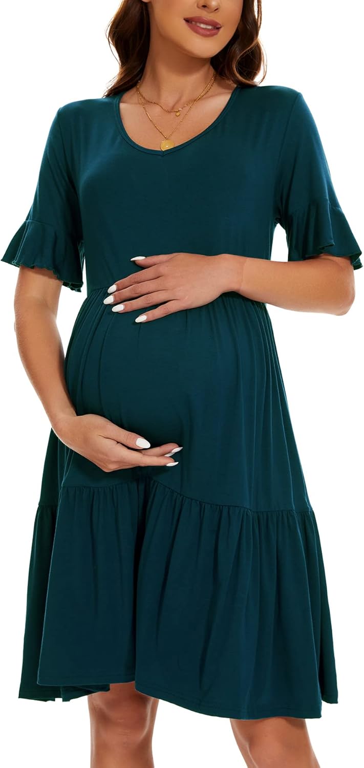 Smallshow Damen Umstandskleid Kurzarm Sommer Schwangerschafts Umstandsmode Kleid XL Blaugrün, XL Bla