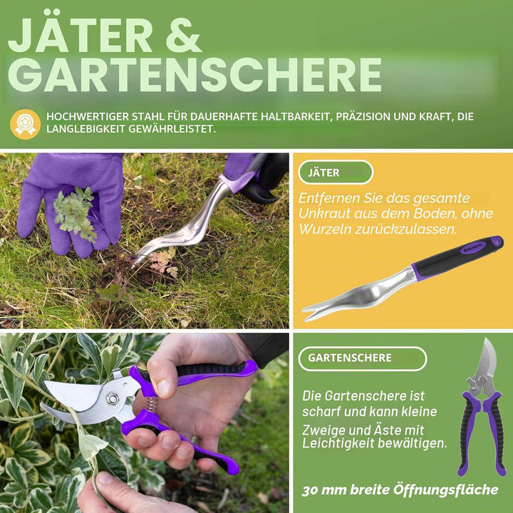 BLOSTM Gartenwerkzeug-Set, 11-teilig, robustes Gartengeräte-Set mit wasserdichter Tragetasche, rostf