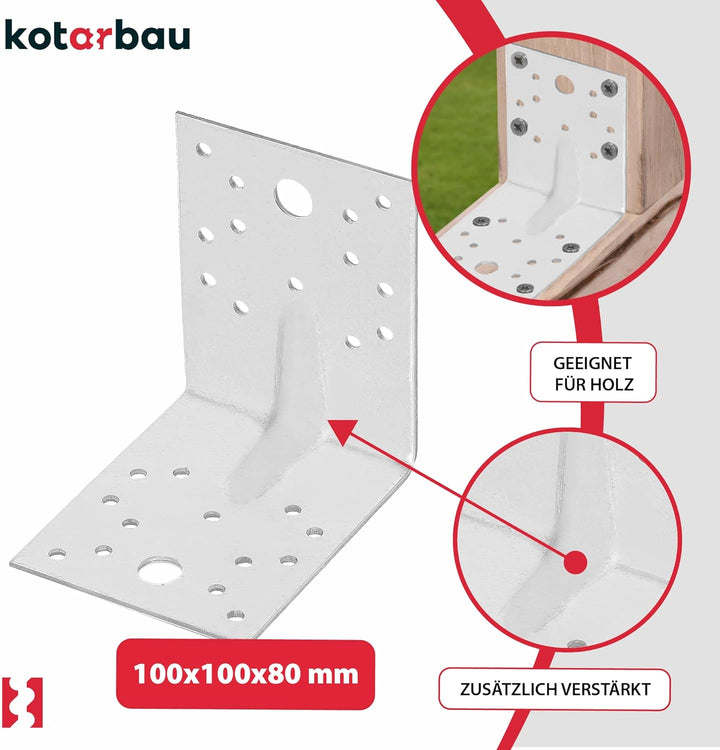 KOTARBAU® 25 Stk. Winkelverbinder 100x100x80 mm mit Rippe Sicke Lochwinkel Bauwinkel Holzverbinder B