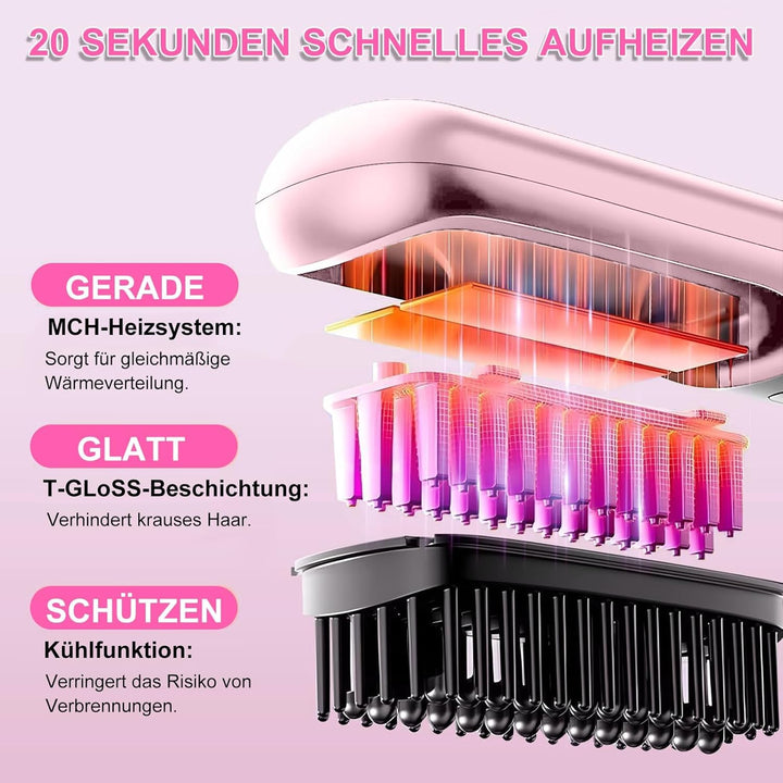 Kabellose Haarglätter Bürste - 3 Temperaturstufen, professionelle Keramikbeschichtung, Ionentechnolo