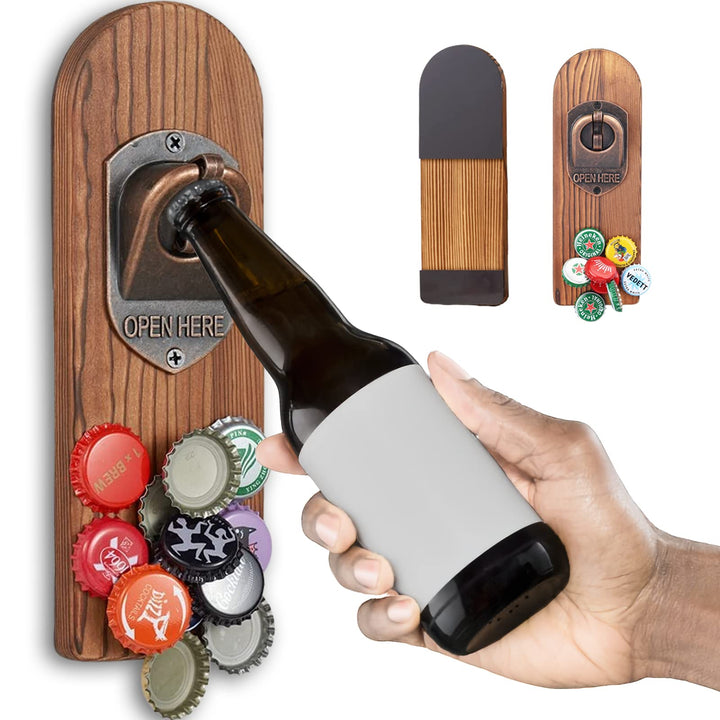 ZONSUSE Flaschenöffner Wand Magnet mit Auffangbehälter,Vintage Holz Bieröffner Wand mit Behälter,Mag