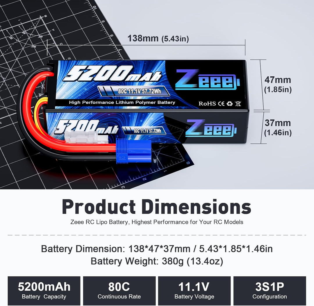Zeee 3S Lipo Akku 5200mAh 11,1V 80C mit EC5 Stecker Hartschalen RC Akku für RC Car Boot LKW Hubschra
