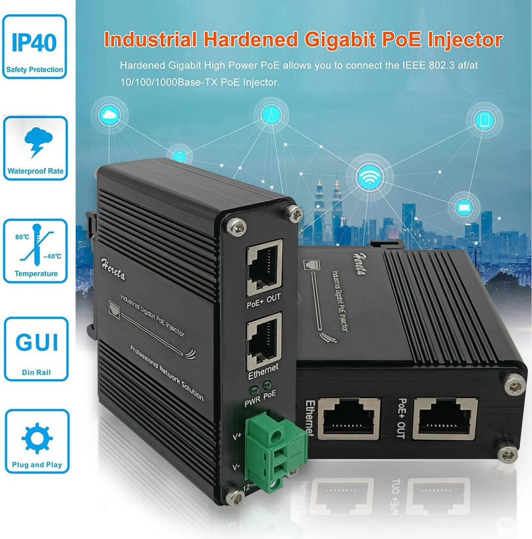 Gehärteter industrieller Gigabit PoE+ Injektor 12–48 V DC Eingang mit DIN-Schiene und Wandhalterung,