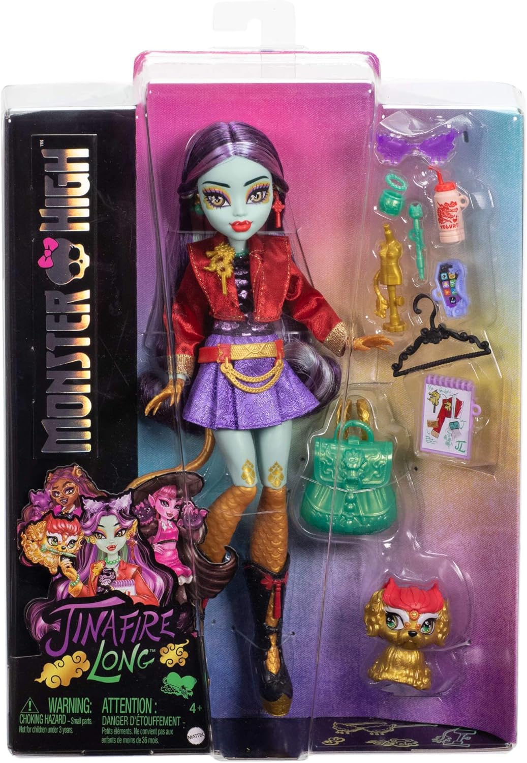 Monster High-Puppe Jinafire Long, Drachenmädchen mit Haustierhund Cloudy Yun Yun“ und 7 Accessoires