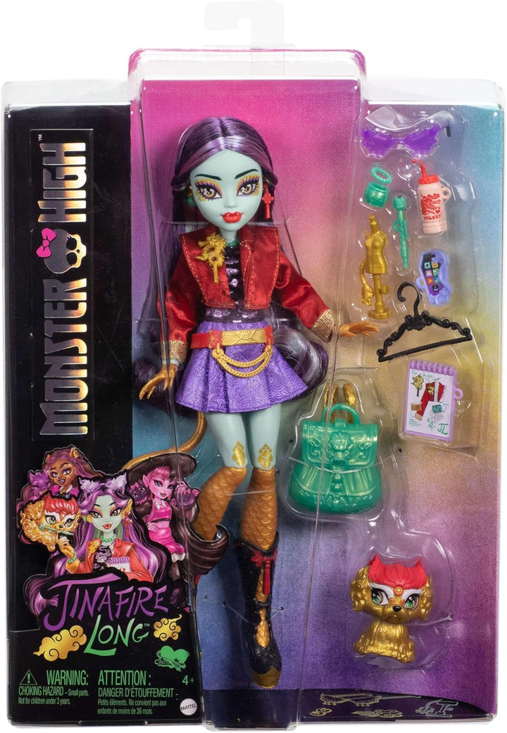 Monster High-Puppe Jinafire Long, Drachenmädchen mit Haustierhund Cloudy Yun Yun“ und 7 Accessoires