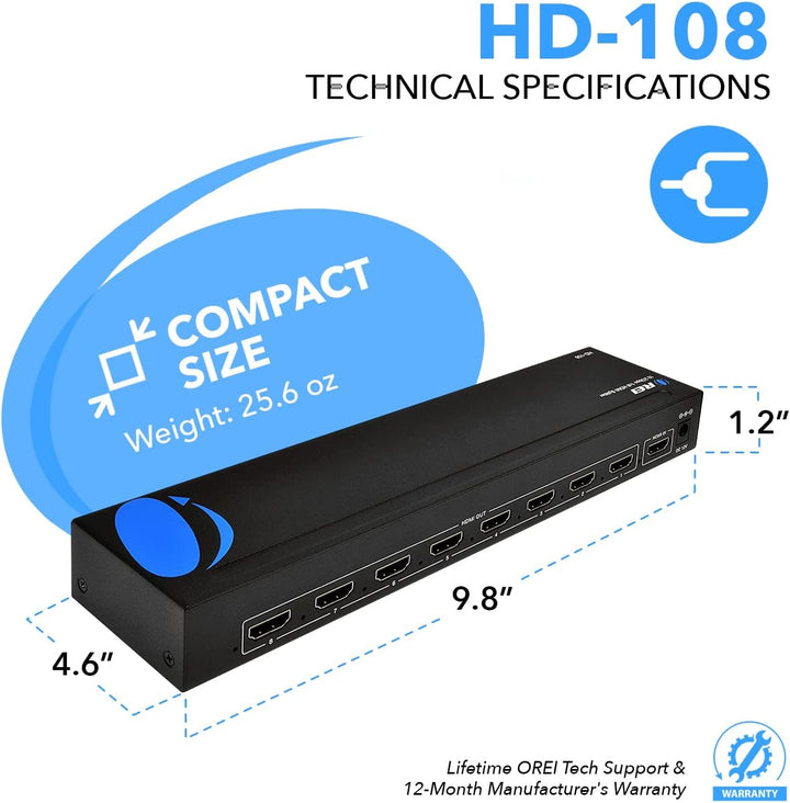 OREI HD Anschlüsse HDMI Powered Splitter/Extender für Full HD HDMI Splitter 1x8 HDMI Splitter 1x8 HD