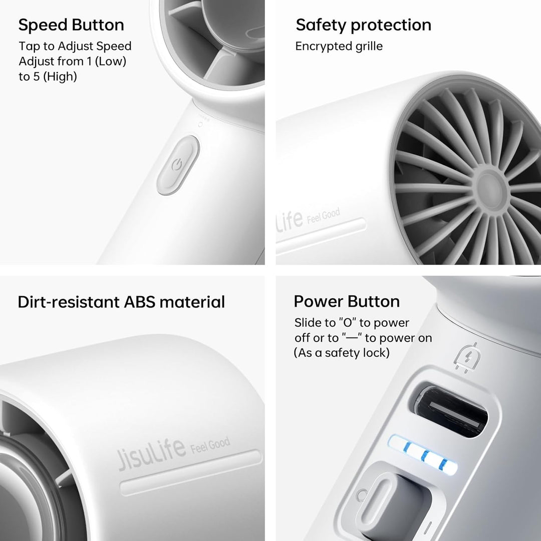JISULIFE Mini Ventilator, 4000 mAh Handventilator Akku Aufladbar, bis zu 22 Stunden Kühlung, 5 Gesch