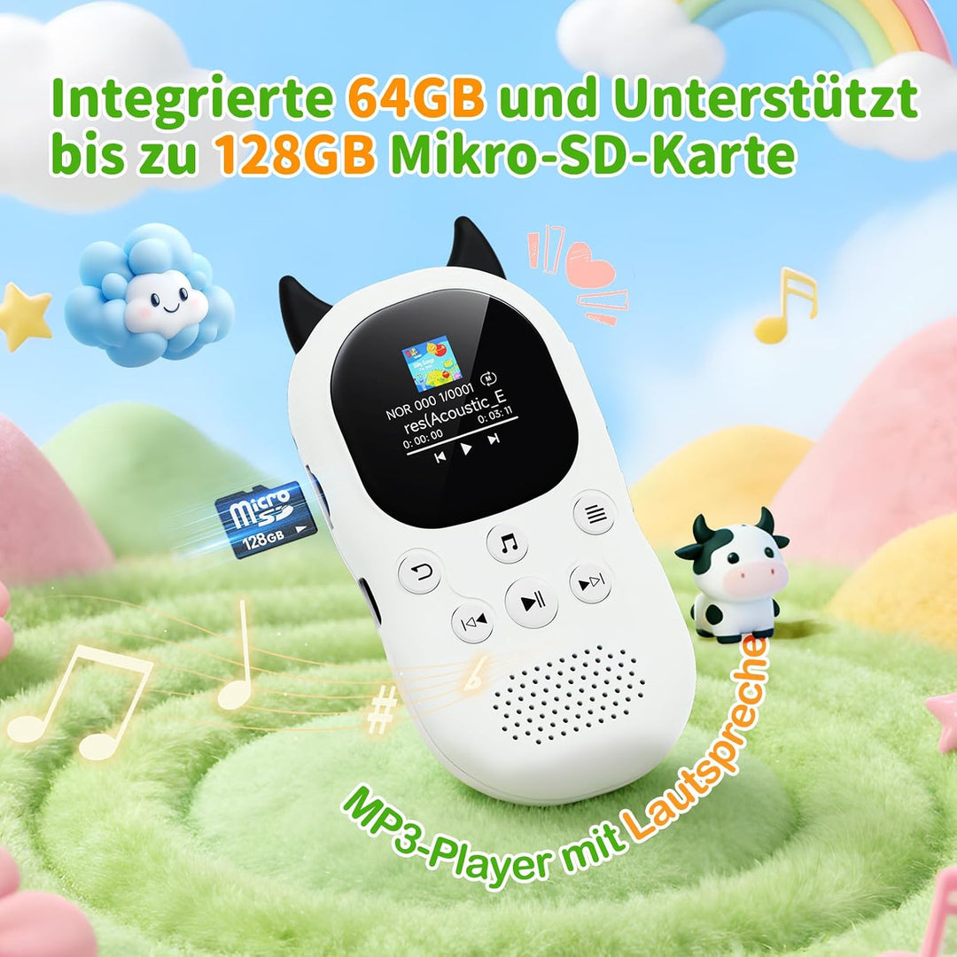 64GB MP3 Player Kinder Bluetooth 5.3 MP3-Player mit Lautsprechern UKW-Radio, Wecker, 750-mAh-Akku, B