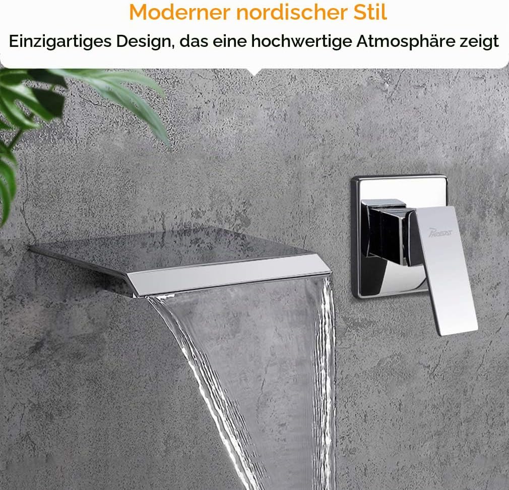 PHASAT Armatur Wand für Badezimmer Wasserhahn Wasserfall 2 Loch Unterputz Waschtischarmatur Wandmont