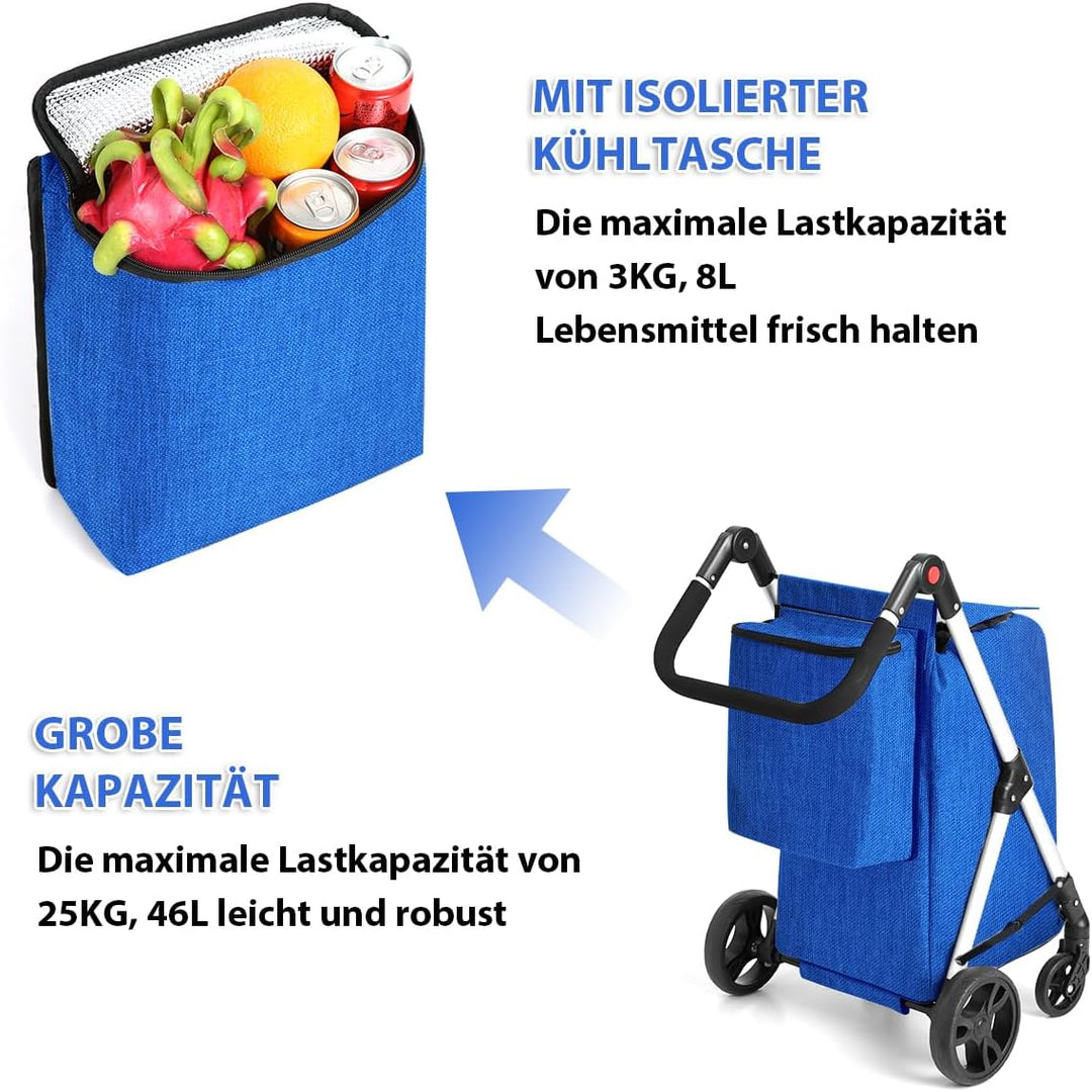 Einkaufstrolley, 46L Trolly Einkaufswagen Klappbar, 4 Rädern Aluminium Leichtgewicht Einkaufstrolley