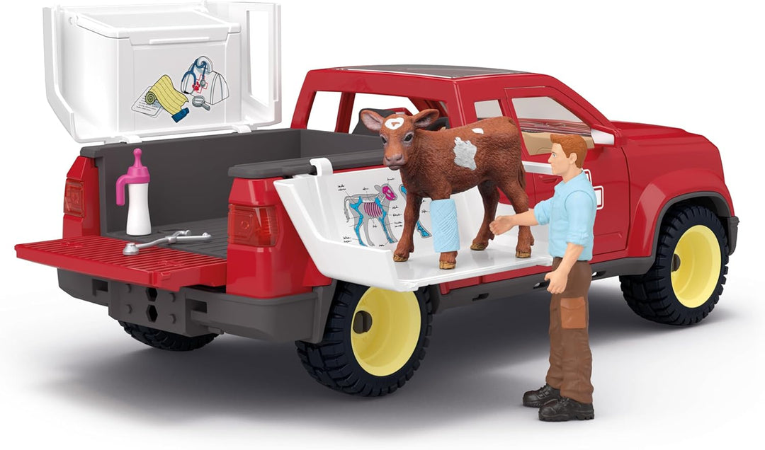 schleich FARM WORLD | Tierarzteinsatz auf dem Bauernhof 42727 | Set inkl. Pick-up, Tierarzt, Kuh & Z